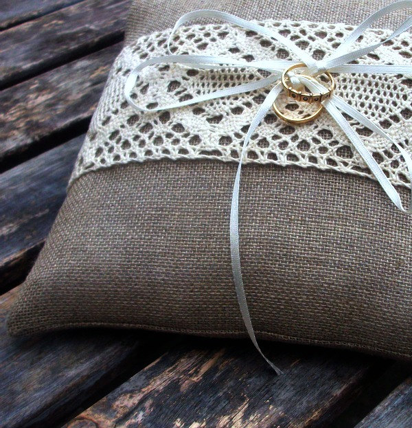 Linen Ring Bearer Pillow in Natural with Cream Cotton Lace