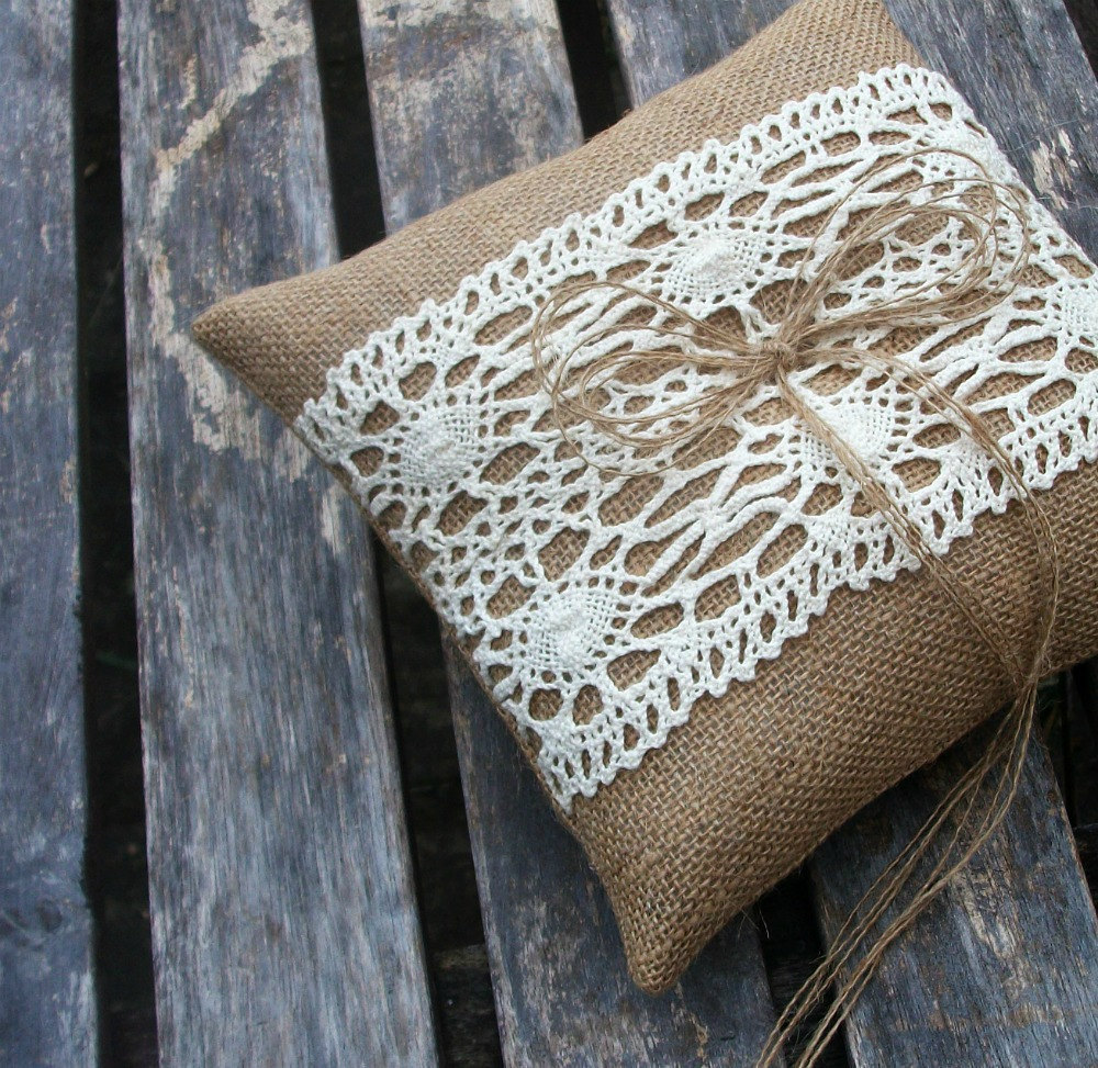 Wedding Bearer Pillow/Cushion in Burlap/Hessian in Natural with Cream Cotton Lace