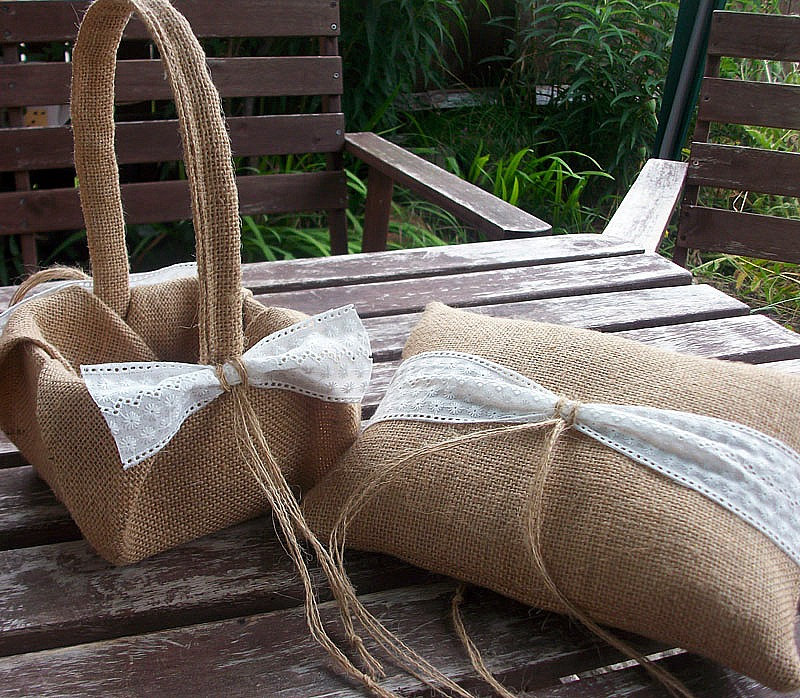 Flower Girl Basket and Ring Bearer Pillow Set in Burlap and Broderie Anglaise Cream Lace Trim Woodland Fall Rustic