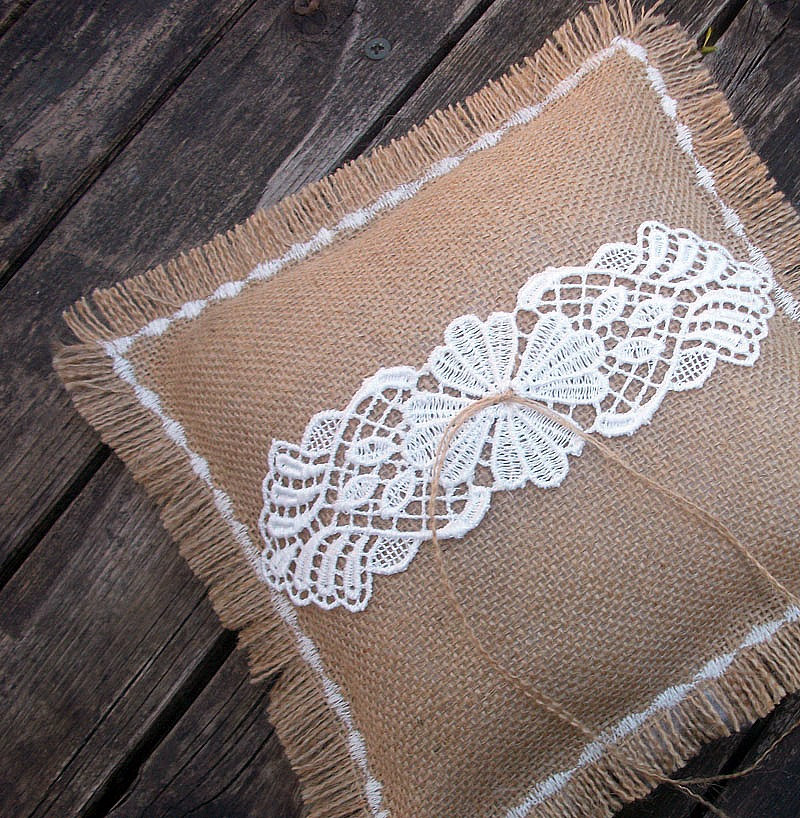 Wedding Ring Bearer Pillow in Natural Burlap with Appliqued Venice Lace in Ivory and Machine Embroidered Shabby Fringed Edges