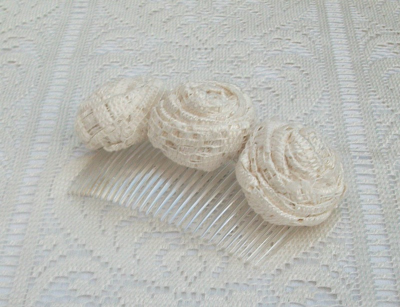 Hair Comb/Head Piece Adorned with Handmade Vintage Heavy Curtain Lace Rosettes in Cream