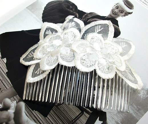 Bridal Head Piece/Comb in Embroidered Organza in Ivory