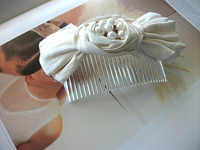 Wedding Hair Comb/Head Piece Adorned with Handmade Raw Silk Flower/Bow and Pearls
