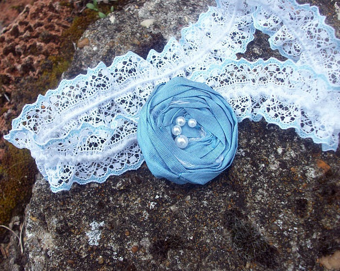 Something Blue - keepsake garter with raw silk rosette in china blue - ready to ship