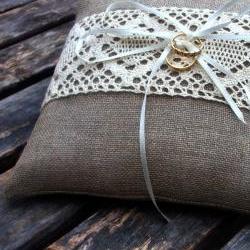 Linen Ring Bearer Pillow in Natural with Cream Cotton Lace