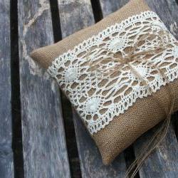 Wedding Bearer Pillow/Cushion in Burlap/Hessian in Natural with Cream Cotton Lace