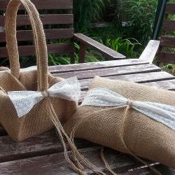 Flower Girl Basket and Ring Bearer Pillow Set in Burlap and Broderie Anglaise Cream Lace Trim Woodland Fall Rustic
