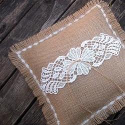 Wedding Ring Bearer Pillow in Natural Burlap with Appliqued Venice Lace in Ivory and Machine Embroidered Shabby Fringed Edges
